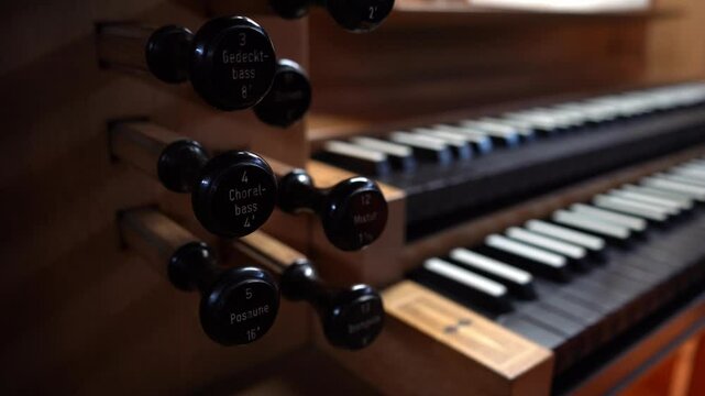 Organist changing organ registers in Catholic Church.
