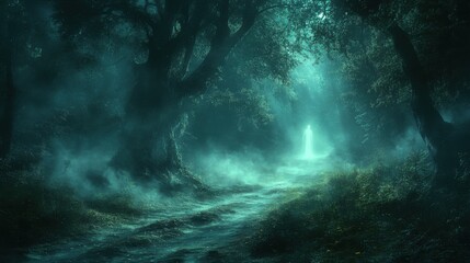 Ghostly Encounter in the Haunted Forest - A Chilling Display of Moonlit Shadows and Eerie Atmosphere