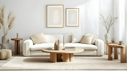 Stylish and modern living room with neutral tones, featuring a cozy sofa, wooden furniture, and decorative plant elements.