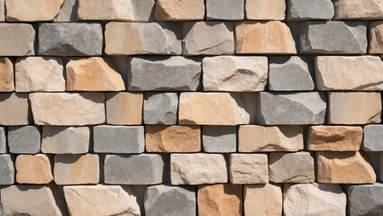 Fototapeta premium close-up view of a stone wall. The wall is composed of irregularly shaped stones of varying sizes, fitted together in a mosaic-like pattern