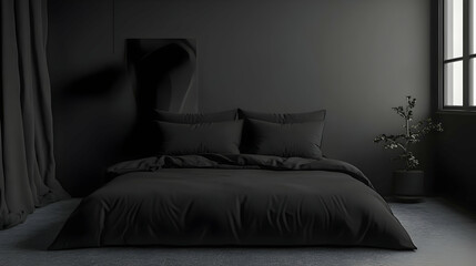 Stylish black bedroom interior featuring a cozy bed, minimalist decor, and serene ambiance for modern aesthetics.
