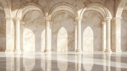 Obraz premium Ivory marble arches in a classic interior with soft reflections for displays.