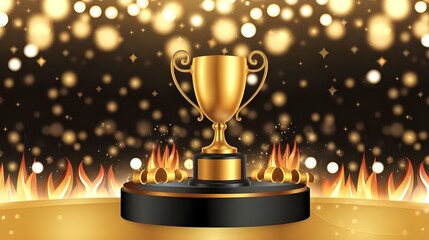 3D golden award on black pedestal with glitter light effects, bokeh, and ribbon motifs and flaming effects Elegant background for an award ceremony in vector View Less
