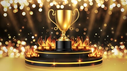 3D golden award on black pedestal with glitter light effects, bokeh, and ribbon motifs and flaming effects Elegant background for an award ceremony in vector View Less
