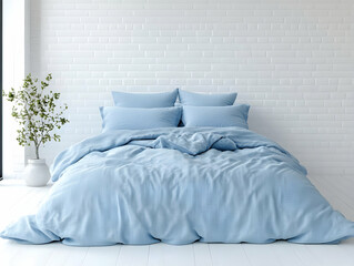 Stylish blue bedding set with plush pillows in a serene, modern bedroom interior. Ideal for creating a cozy atmosphere.