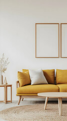 Stylish home interior featuring a mustard yellow sofa, round coffee table, and minimalist decor for a cozy atmosphere.