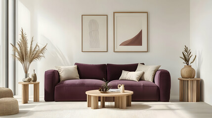 Stylish living room featuring a modern sofa, decorative pillows, artwork, and natural decor, creating a cozy and inviting atmosphere.