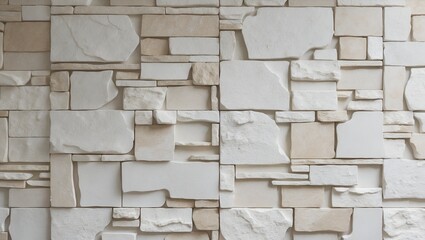 Obraz premium close-up view of a textured wall composed of irregularly shaped, light-colored stone tiles