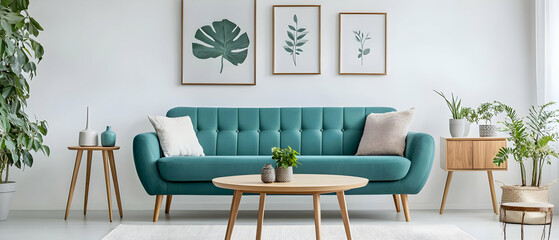 Stylish living room featuring a teal sofa, wooden furniture, and green plants, creating a fresh and modern design aesthetic.