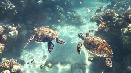 Naklejka premium Two graceful sea turtles glide through clear turquoise waters, surrounded by vibrant coral reefs and marine life.