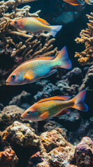 Obraz premium Vibrant coral reef scene featuring colorful fish swimming among coral formations in crystal-clear water.