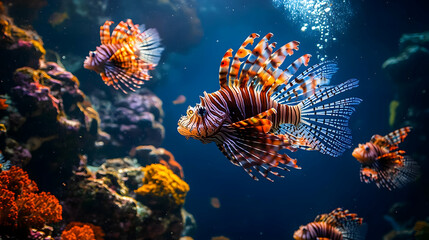 Vibrant lionfish swimming gracefully among colorful coral formations in a stunning underwater habitat.