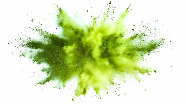 Vibrant green powder explosion on a white background, creating dynamic and energetic visual effects ideal for artistic projects.
