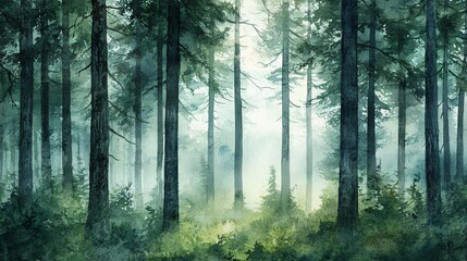 Obraz premium Watercolor painting of a misty forest with tall trees.
