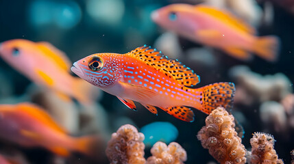 Obraz premium Vibrant underwater scene featuring a colorful fish swimming among coral, showcasing marine beauty and biodiversity.