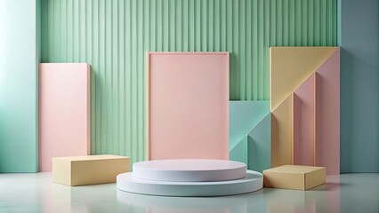 Pastel colored podium wall with geometric shapes for product presentations