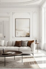 Modern living room with white sofa, brown pillows, and minimalistic decor in bright, natural light setting.