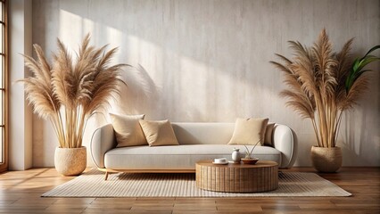 of a living room interior featuring a curved low sofa, dried palm leaf in a vase, and natural materials