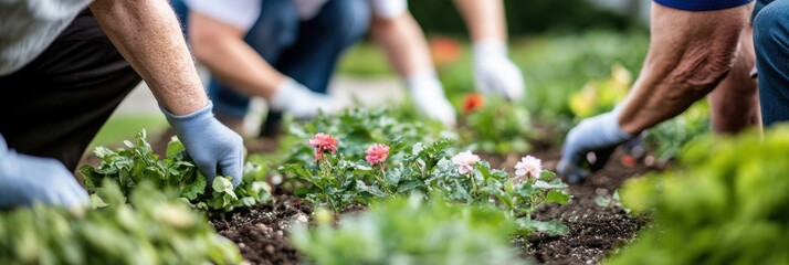 Several community members are engaged in tending a garden, working collaboratively to plant and nurture flowers, reinforcing the values of teamwork and communal effort.
