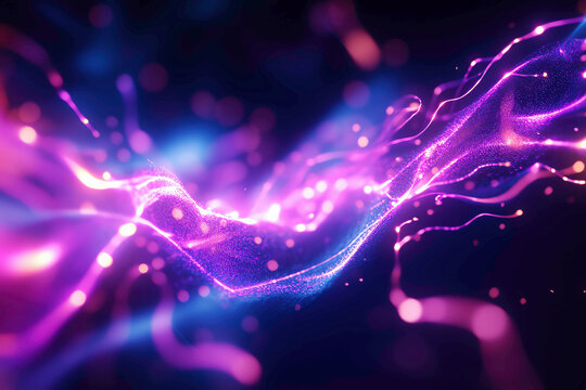 A vivid visualization of glowing energy waves flowing in radiant purples and blues, with bright particles sparking across the image, symbolizing the dynamic beauty of electromagnetism and light.