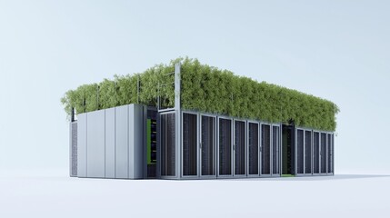 3D rendering of a green data center using generative AI, featuring energy-efficient servers and cooling technologies on a white background.