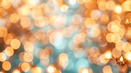 Warm golden and blue bokeh lights, evoking a festive atmosphere, shimmering softly in a blurred background, creating a magical and cozy ambiance in the scene.