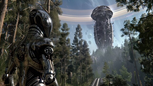 Robot in a Forest Gazing at a Futuristic Structure