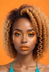 High detailed portrait of a young adult Brazilian taned skin female with glittery orange, turquoise and yellow makeup.