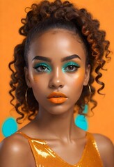 High detailed portrait of a young adult Brazilian taned skin female with glittery orange, turquoise and yellow makeup.
