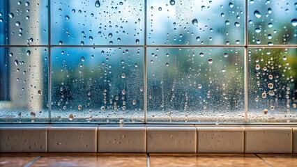 Naklejka premium Close-up of water droplets on a window sill with a tile wall in the background