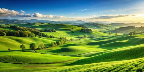 Fototapeta premium Lush green fields and rolling hills under a clear blue sky backdrop