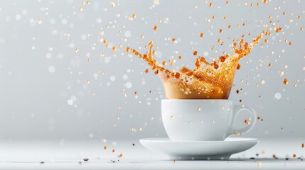 Coffee splash, dynamic explosion of rich coffee from a white cup, droplets sparkling in the air, capturing the vibrant energy of morning rituals and lively moments.