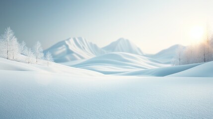 Serene Winter Landscape, vast snow-covered hills undulate under a soft light, trees adorned with frost shimmer, capturing a tranquil and pristine winter atmosphere.