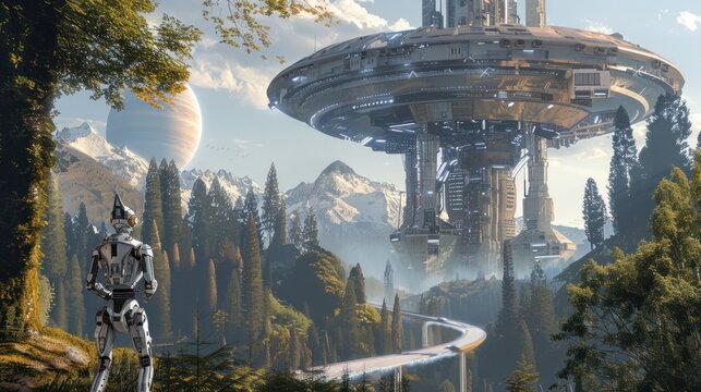 Robot Gazing at Futuristic Cityscape