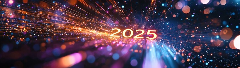 The year "2025" stands bright and bold in glowing gold, surrounded by swirling purple and blue light beams, set against a dark cosmic background, filled with shining stars and nebula clouds. 3d