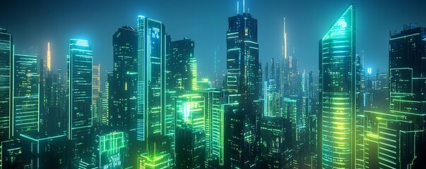 Obraz premium Futuristic city skyline illuminated by vibrant neon lights, showcasing towering skyscrapers and a modern urban atmosphere.