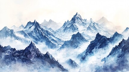 Obraz premium Watercolor painting of a mountain range with fog in the valleys.
