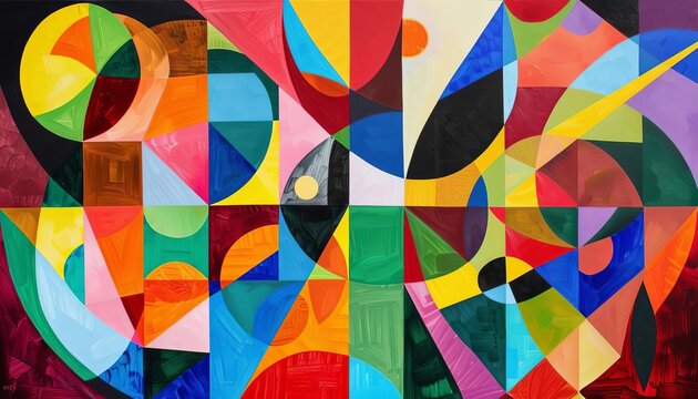 Vibrant geometric abstraction, a lively composition of overlapping shapes and bold colors, evoking energy and movement through dynamic forms and contrasts.