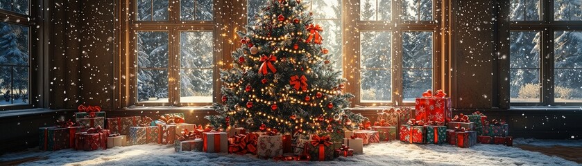 A vibrant Christmas tree standing tall, its branches heavy with sparkling lights, tinsel, and glass baubles, surrounded by an array of colorfully wrapped gifts with bows, nestled in a snowy windowed