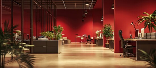 Blurred modern office landscape in deep red, high-class workspaces, side angle.