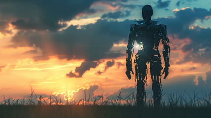 Fototapeta premium Silhouette of a futuristic humanoid robot in a dark, dramatic setting