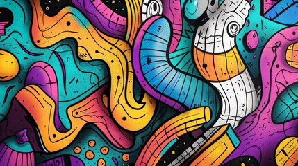 Obraz premium Vibrant abstract composition, swirling shapes in bold colors, dynamic interplay of lines and forms, evoking energy and creativity in a playful visual experience