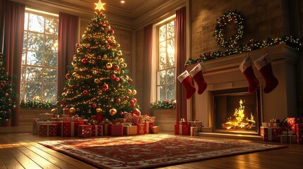 Fototapeta premium A festive Christmas tree shimmering with golden lights and bright red ornaments, surrounded by neatly stacked gifts in festive wrapping, set in a warm living room with stockings hanging by the