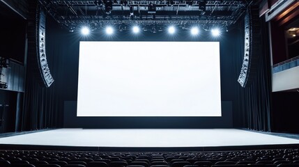 Sleek event stage with a stark white LED screen, simple corporate design.