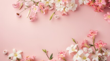 Delicate Floral Arrangement on Soft Pink Background, Featuring a Variety of Lush Blooms in Shades of Pink and White, Creating a Serene, Elegant Atmosphere