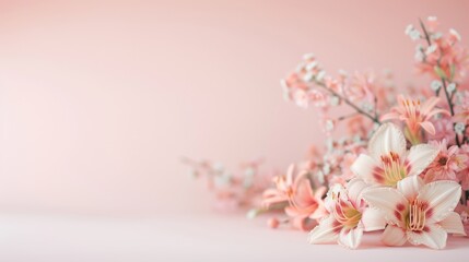 Fototapeta premium Delicate floral arrangement, showcasing soft pink lilies and blossoms, exuding tranquility and elegance against a pastel backdrop, perfect for serene decor.