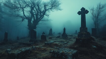 Ghostly Apparitions in Misty Graveyard at Dawn - Mysterious and Haunting Scene with Eerie Fog and Twisted Trees in Photorealistic Style