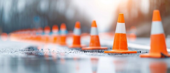 Traffic cones lining a misty road, creating a vibrant orange barrier, signaling construction or maintenance work ahead in a blurred urban environment.