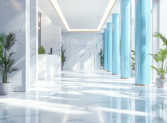 Minimalist design in a lobby with stark white marble and blue columns.