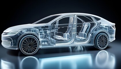 Naklejka premium Detailed line art rendering of a contemporary electric car chassis, depicted in an x-ray style to reveal the internal battery, set against a studio backdrop